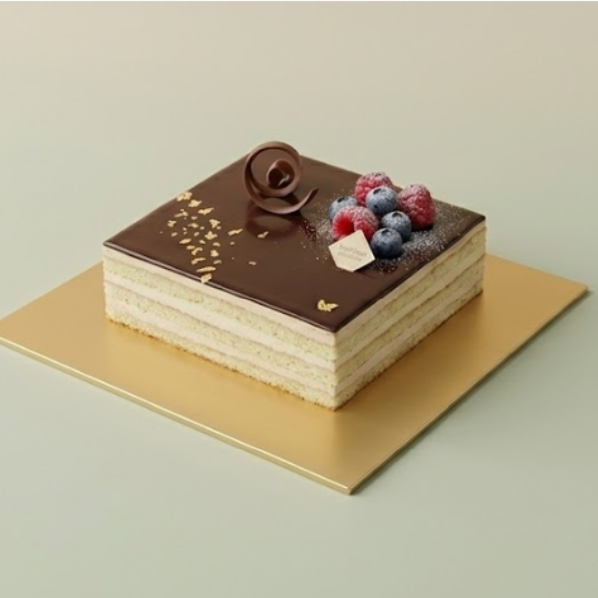 Torta da pasticceria su un sottotorta dorato 