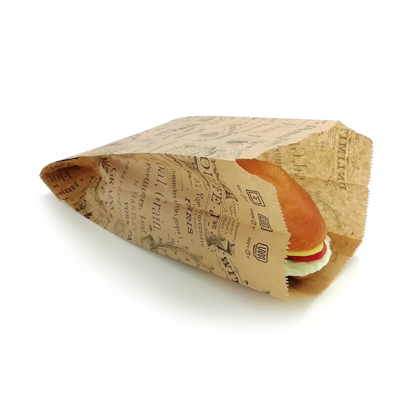 Busta per panino color avana e stampe nere con dentro un panino