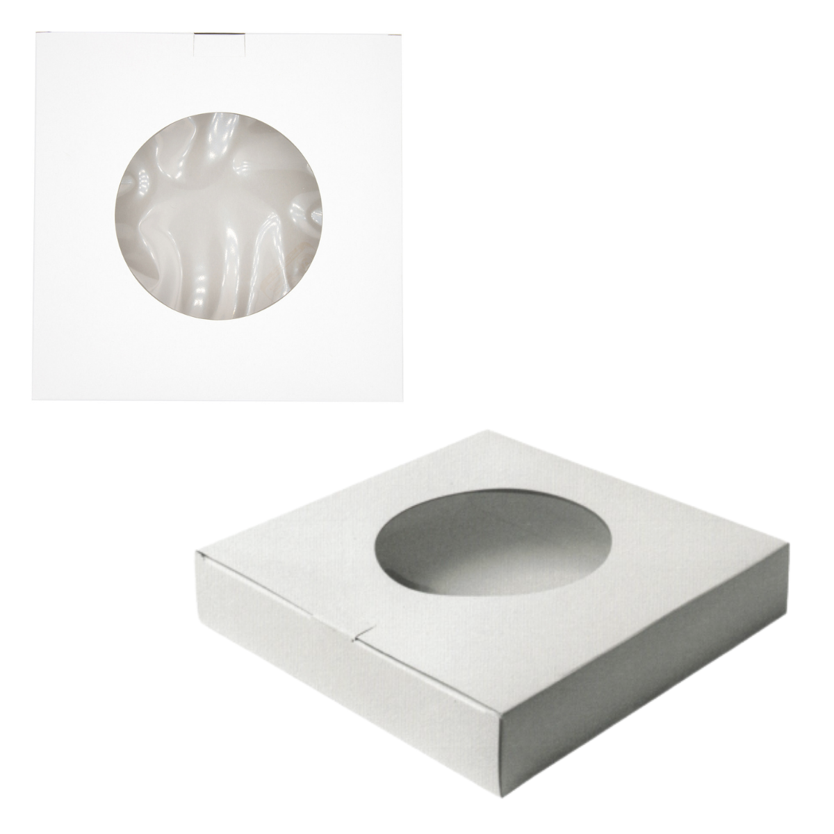 Scatola di cartone bianco con finestra tonda porta crostate 