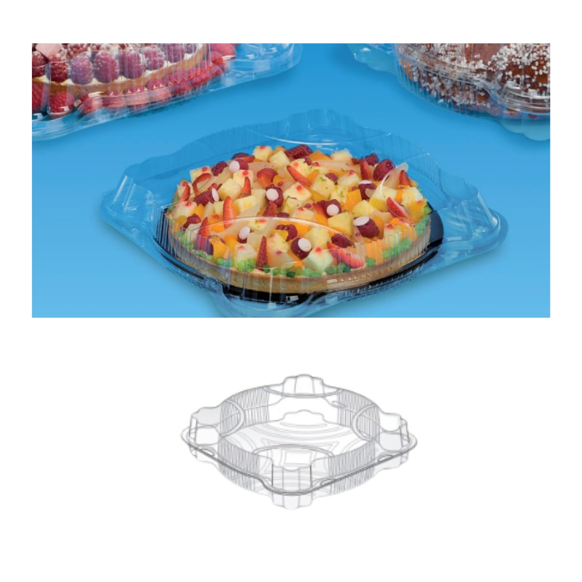 Porta torta di plastica, pieno e disegno tecnico 