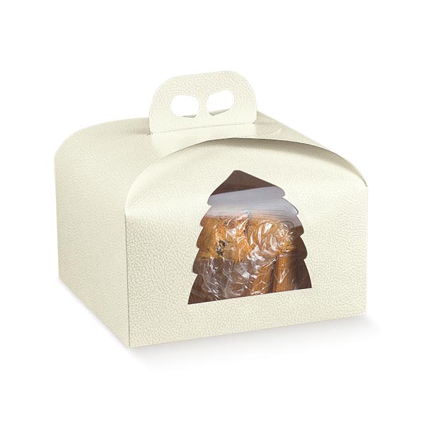 Scatola per panettone basso bianca con finestra a forma di albero