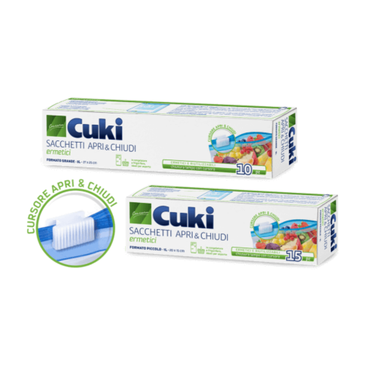 Due confezioni di sacchetti apri e chiudi Cuki