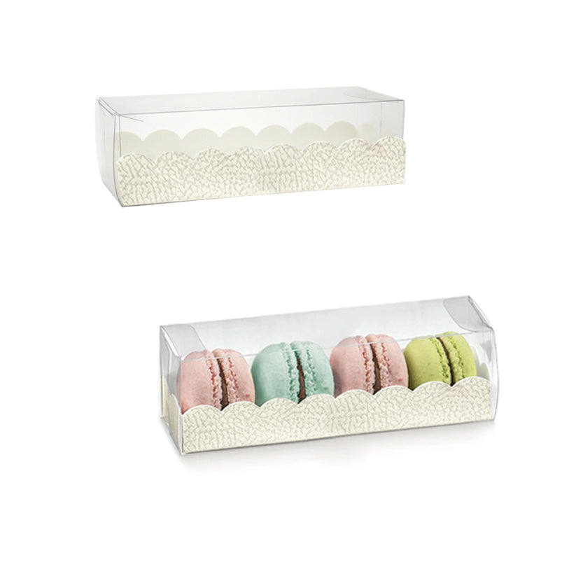 Scatola bianca e trasparente per macarons, una piena ed una vuota