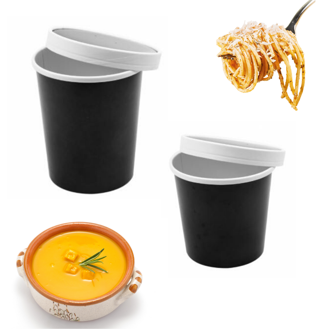 Contenitore di carta nero con coperchio, per spaghetti e zuppe da asporto 
