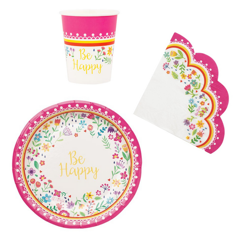 Piatto, bicchier e tovagliolo di carta monouso rosa floreale Be Happy