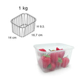 Cestello di plastica, trasparente, con fragole e suo disegno tecnico con misure