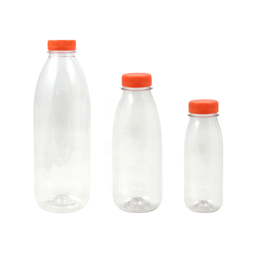 Tre bottiglie di plastica trasparenti monouso tre misure diverse, tappi arancioni