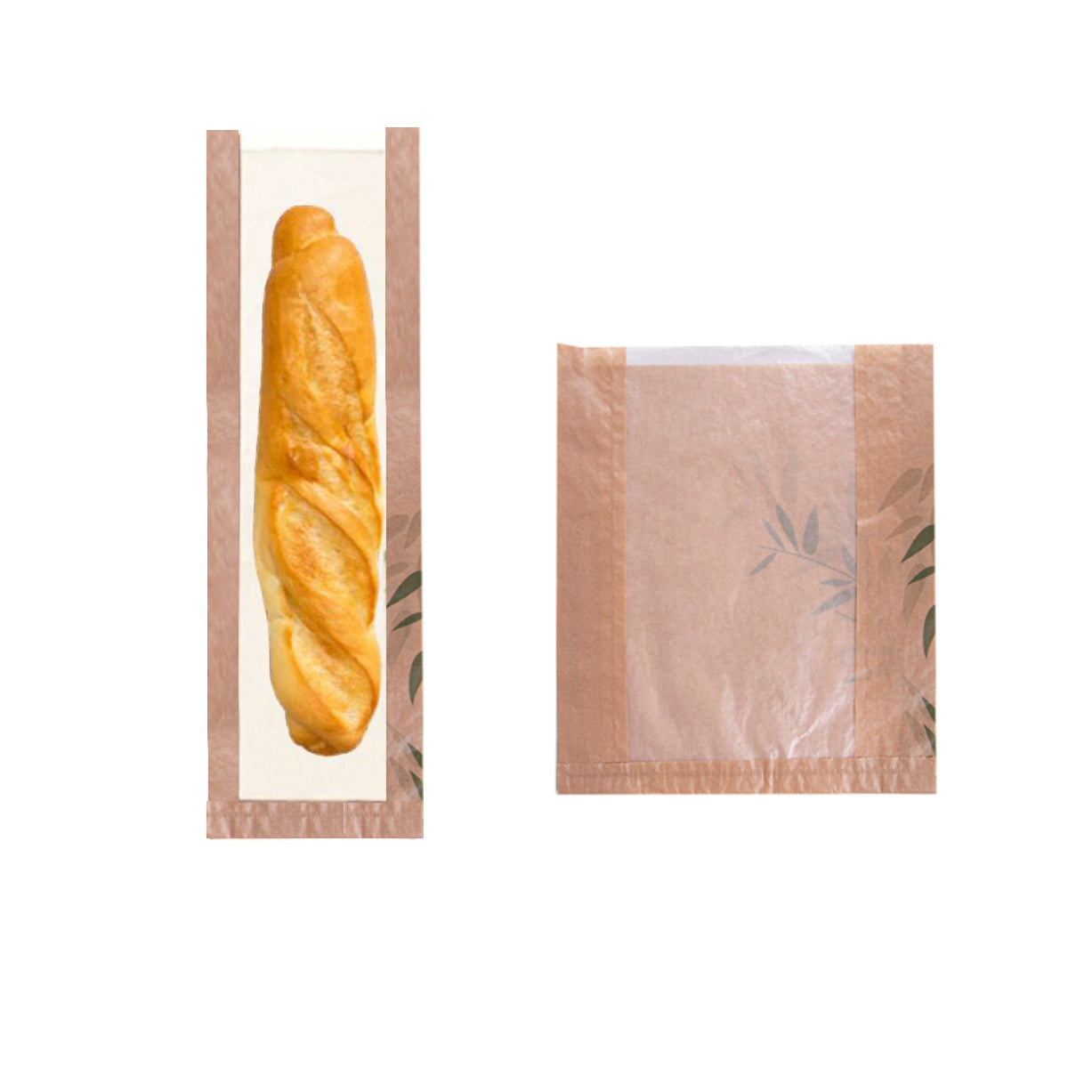 Sacchetto per baguette avana con finestra mostrato vuoto e con dentro del pane 