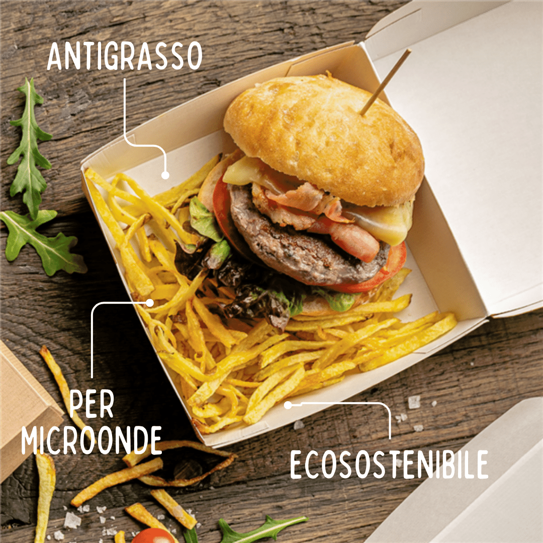 Scatola per hamburger con panino e patatine fritte su una tavola e scritte descrittive