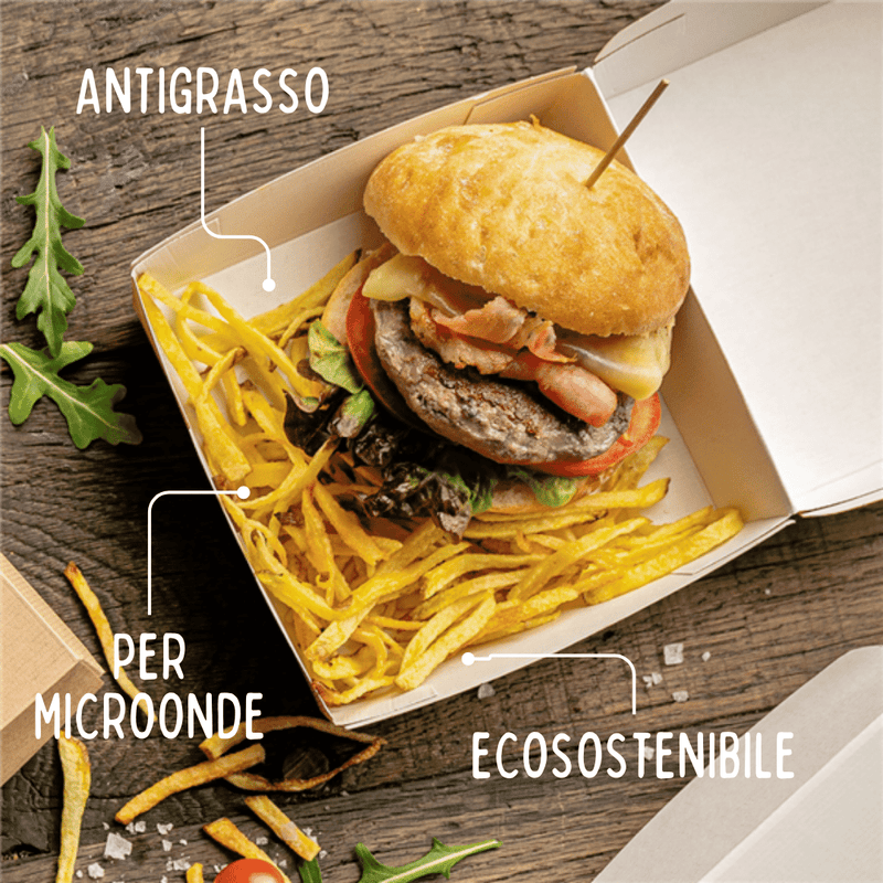 Scatola per hamburger con panino e patatine fritte su una tavola e scritte descrittive
