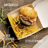 Scatola per hamburger con panino e patatine fritte su una tavola e scritte descrittive