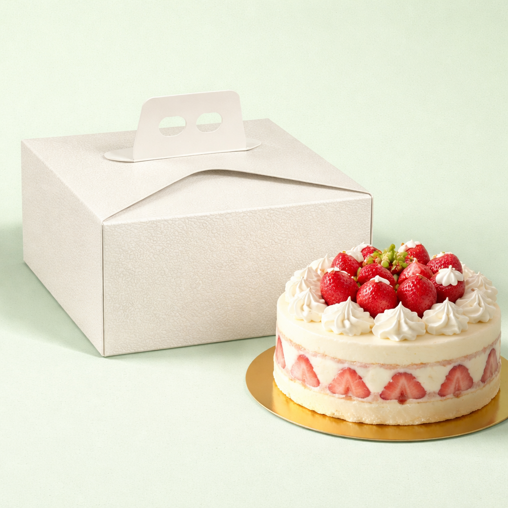 Torta da pasticceria vicino ad una scatola porta torte bianca 