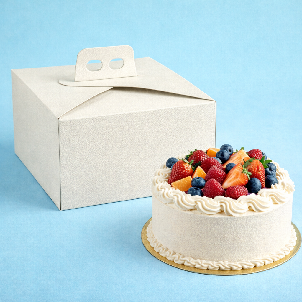 Torta da pasticceria vicino ad una scatola porta torte bianca 