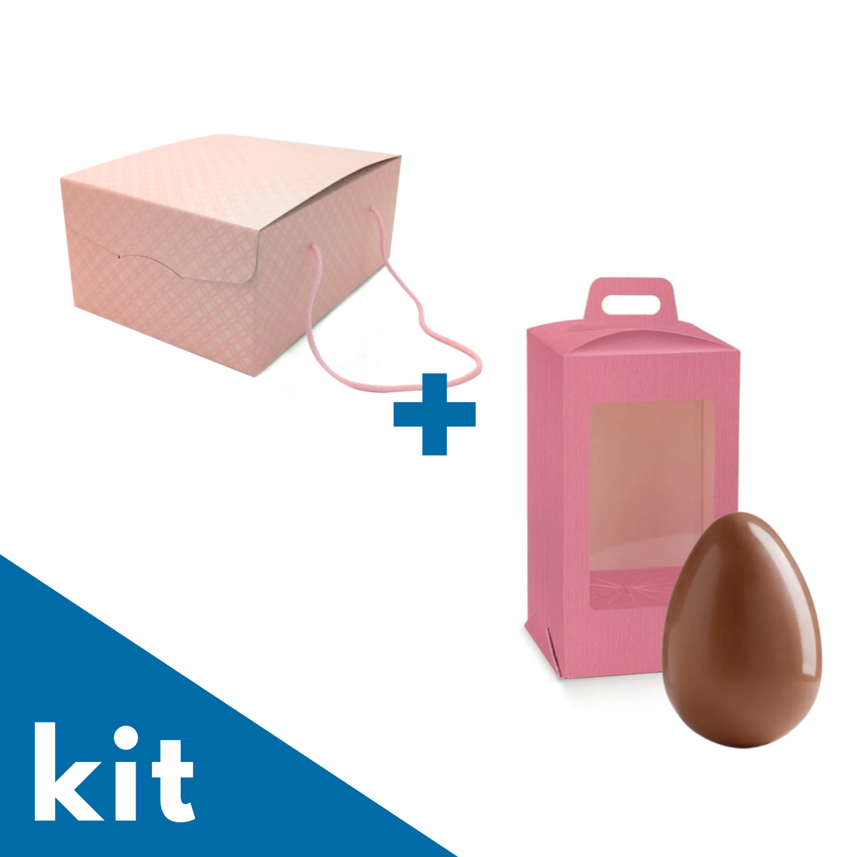 Kit con scatola rosa con manici a cordino per torte e scatola con finestra, rosa, porta uova di Pasqua. Mostrato anche un uovo di cioccolato