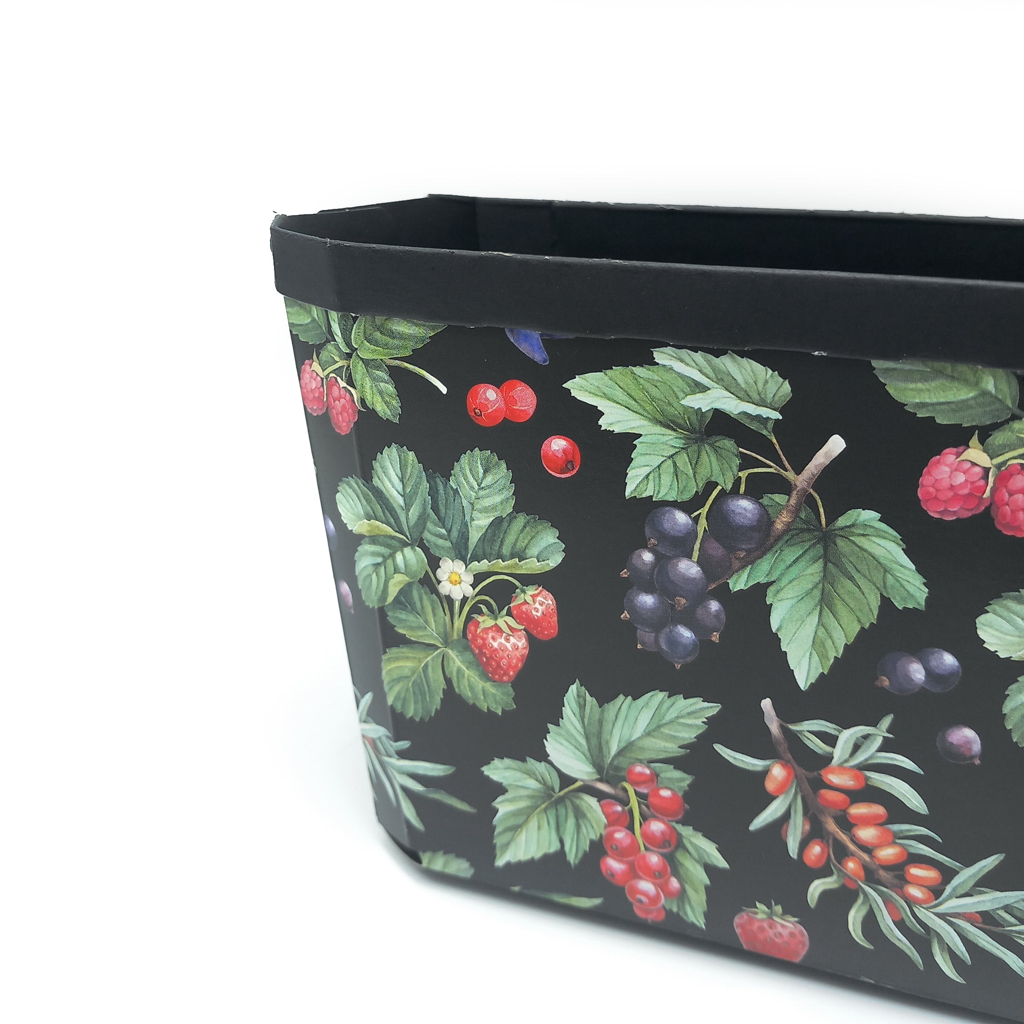 Cestini per frutta neri di plastica con fantasia di frutti del bosco , dettaglio