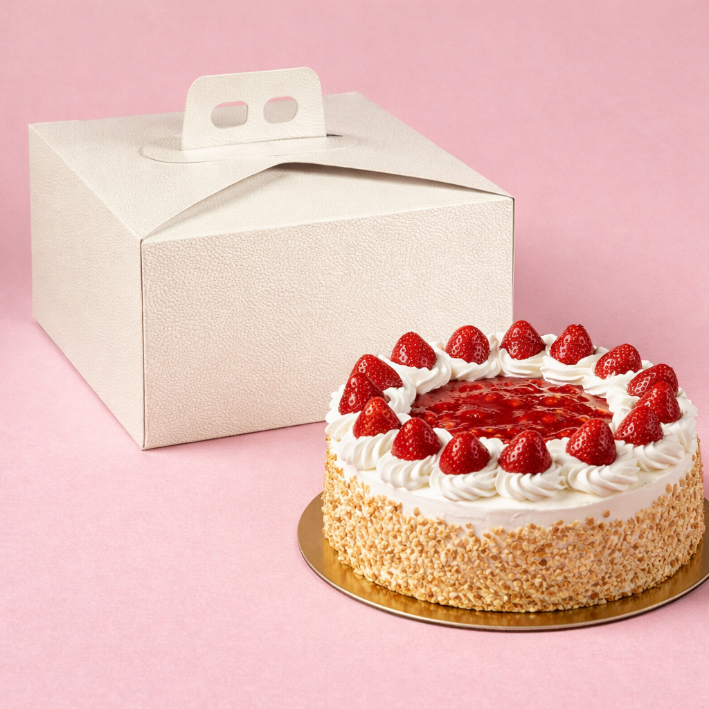 Torta da pasticceria vicino ad una scatola porta torte bianca 