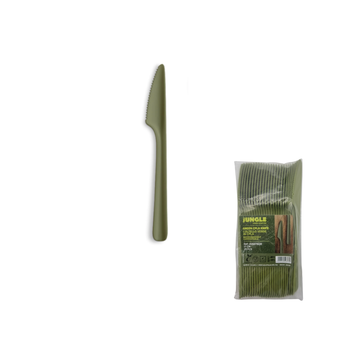 Posata verde mostrata sola e nella sua confezione di coltelli