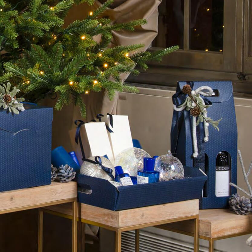 Cesto e confezione porta vino e scatola porta panettone e bottiglia, di cartone, color blu, sotto un albero di Natale 