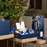 Cesto e confezione porta vino e scatola porta panettone e bottiglia, di cartone, color blu, sotto un albero di Natale 