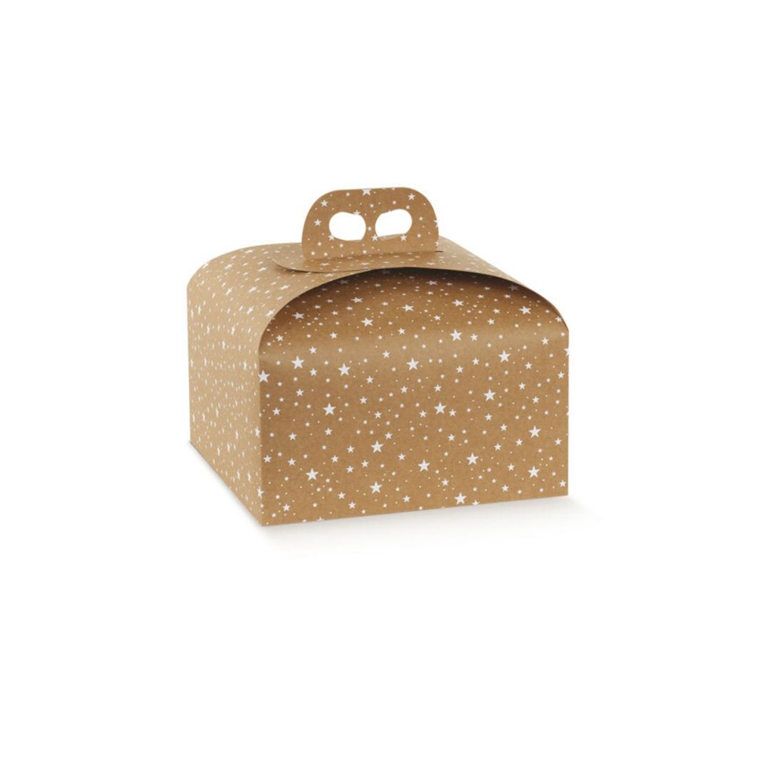 Scatola porta panettone marrone chiaro e stelline bianche 