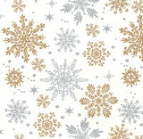 Dettaglio fantasia di fiocchi di neve oro e argento su sfondo panna