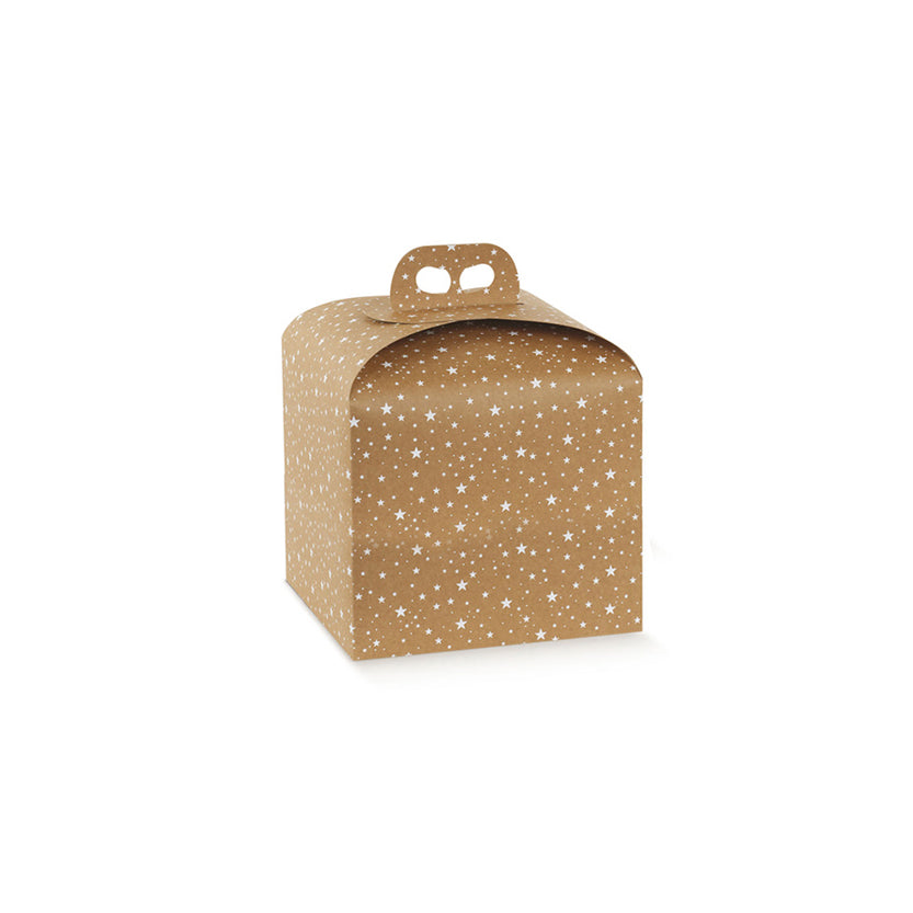Scatola porta panettone marrone chiaro e stelline bianche 