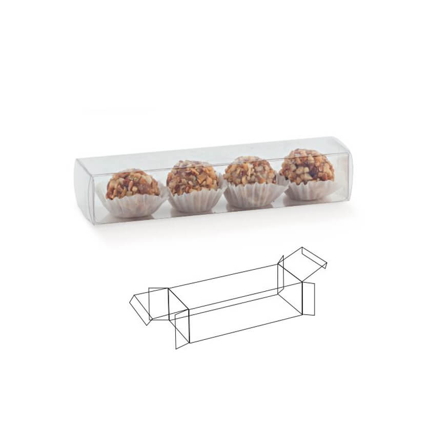 Tubo di plastica quadrato trasparente, pieno di ferrero roche e disegno 