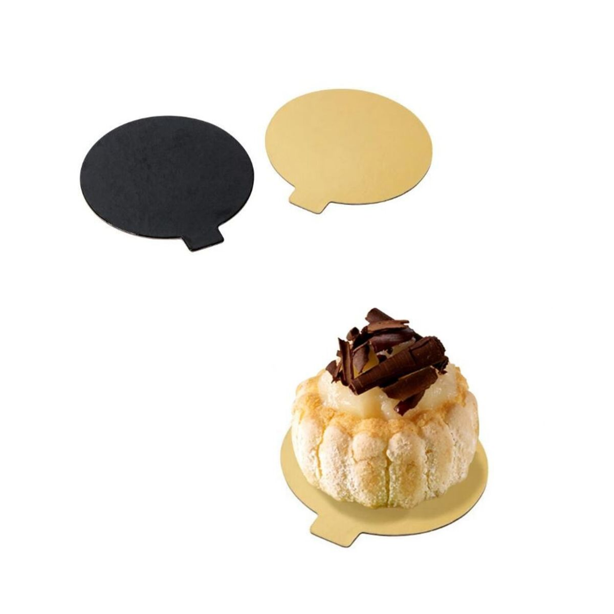 Disco oro e disco nero porta monoporzione, vuoti ed uno  con dolce sopra 