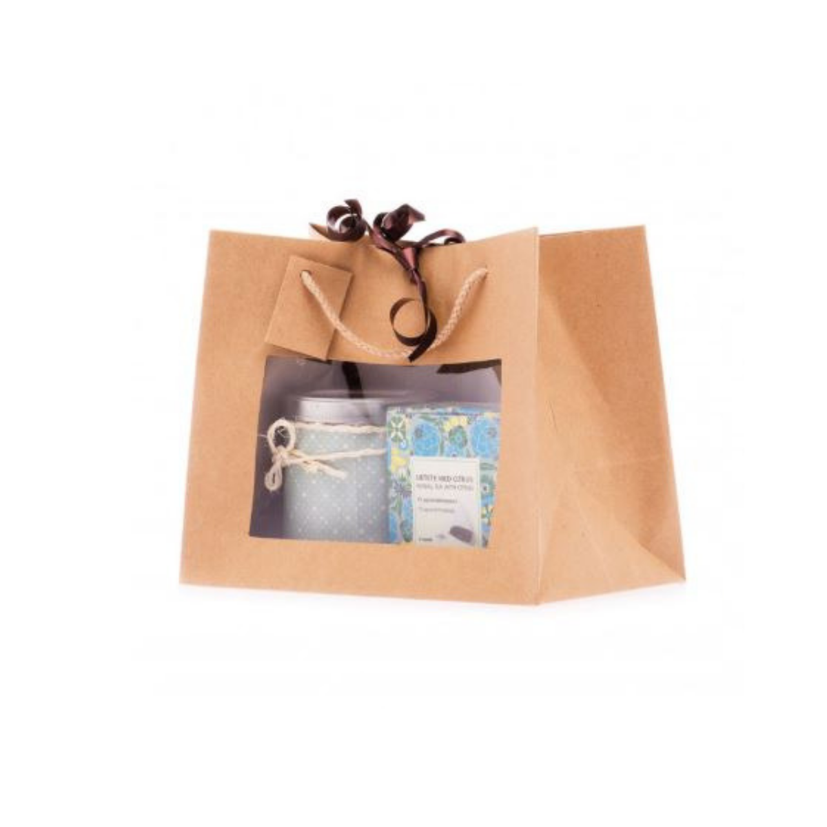 Shopper avana quadrata, con finestra, piena di vasetti 