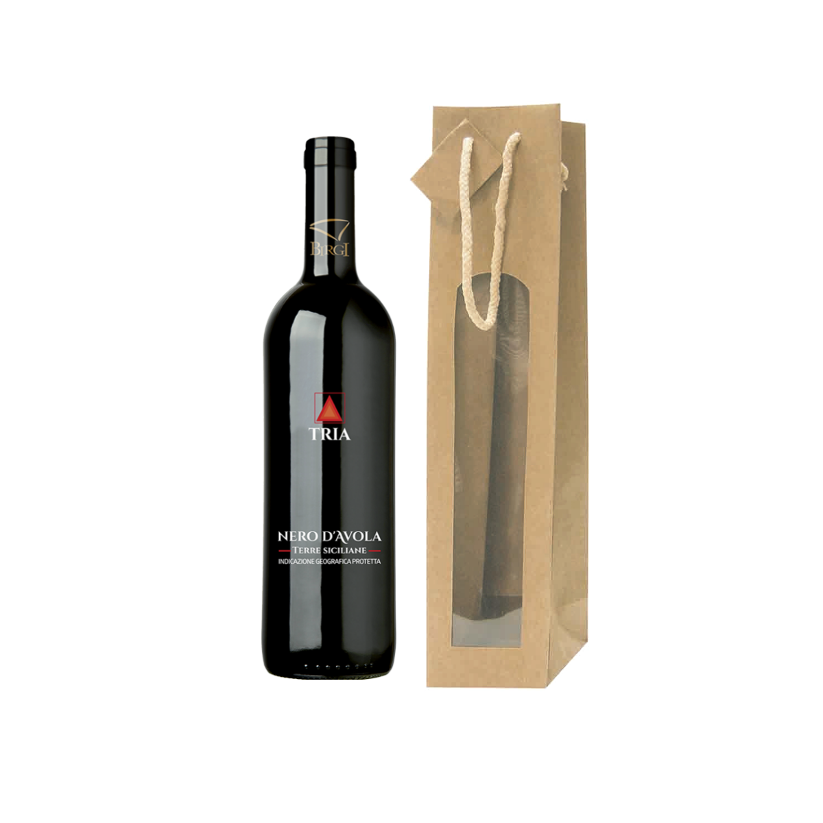 Bottiglia di vino e sacchetto porta vino, color avana, con finestra 