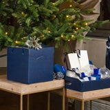 Scatola porta panettone, blu sotto albero vicino ad un cesto sempre blu