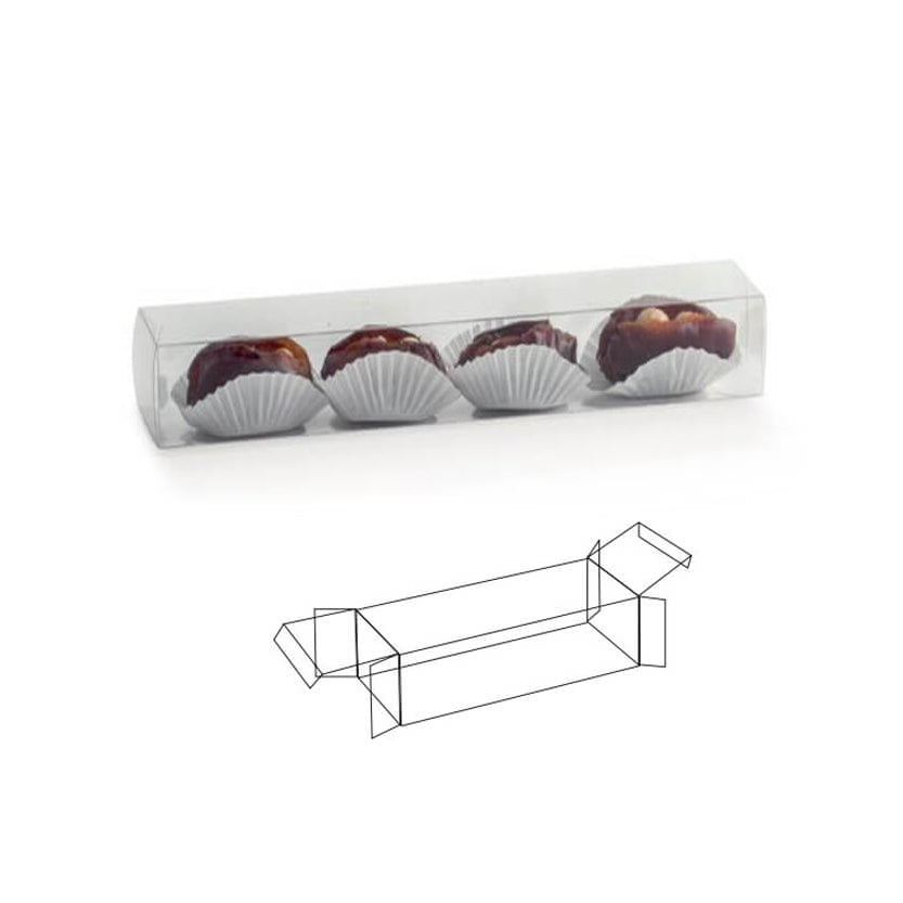 Tubo di plastica quadrato trasparente, pieno di cioccolatini  e disegno 