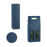 Confezione di cartone per due bottiglie di  vino, fantasia blu a pois bianchi, con due finestre ed una scatola per una bottiglia stessa fantasia 