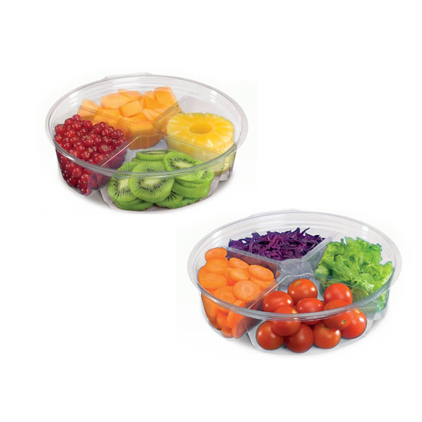 Contenitore di plastica a 4 scomparti, tonda, piena di frutta  una e piena di verdure la seconda