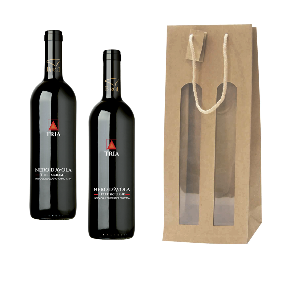 Due Bottiglie di vino e sacchetto porta vino, color avana, con due  finestre