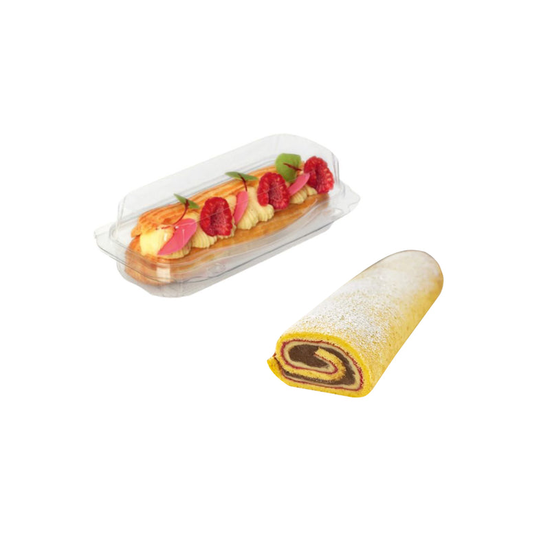 Confezione di plastica chiusa per dolce rotolo, trasparente, con pasta dentro e dolce vicino 