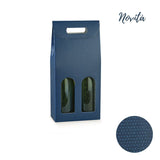 Confezione di cartone per due bottiglie di  vino, fantasia blu a pois bianchi, con due finestre 
