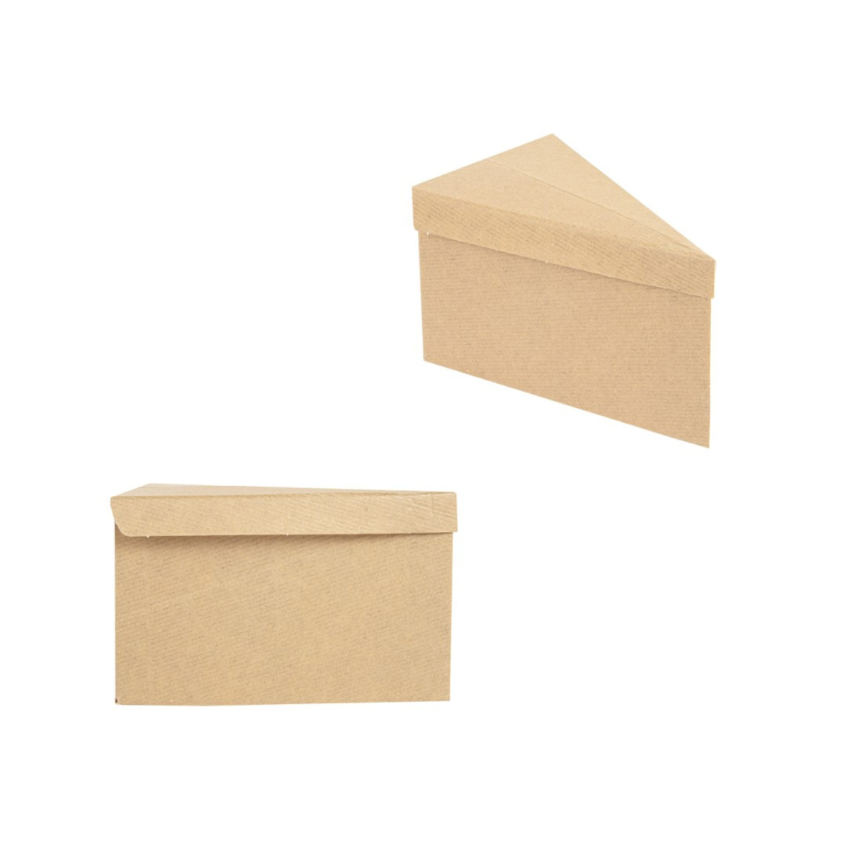 Scatola porta fetta di torta alta color avana chiusa vista da due diverse prospettive