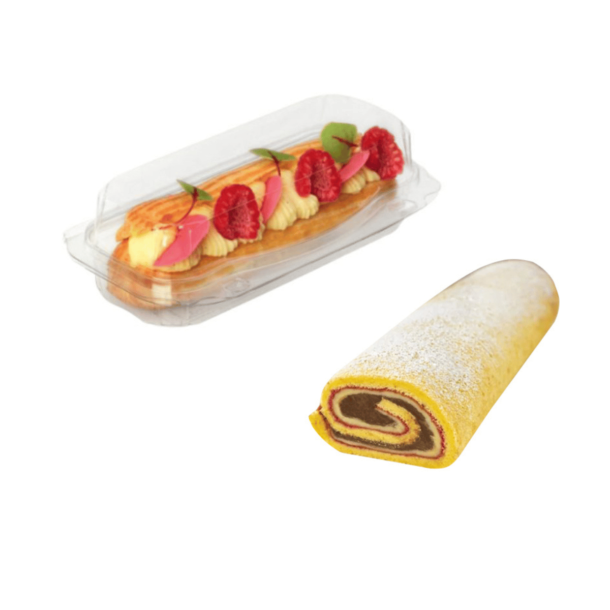 Confezione trasparente per dolce rotolo, piena e con dolce vicino