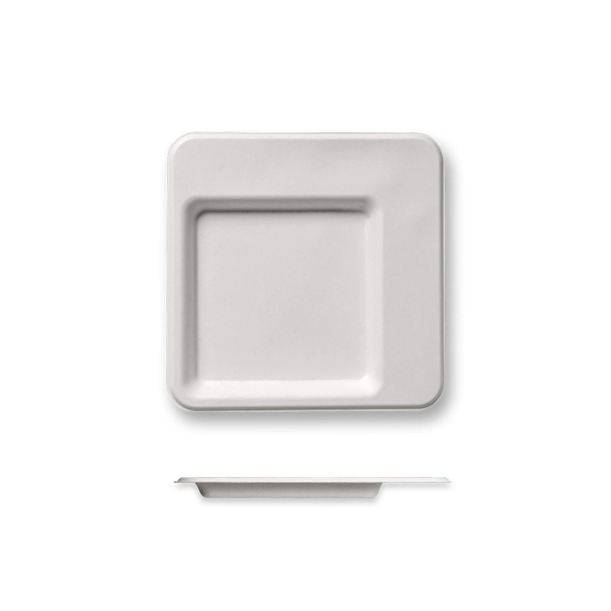 Piatti biodegradabili quadrati eleganti monouso in polpa di cellulosa, visti da due prospettive