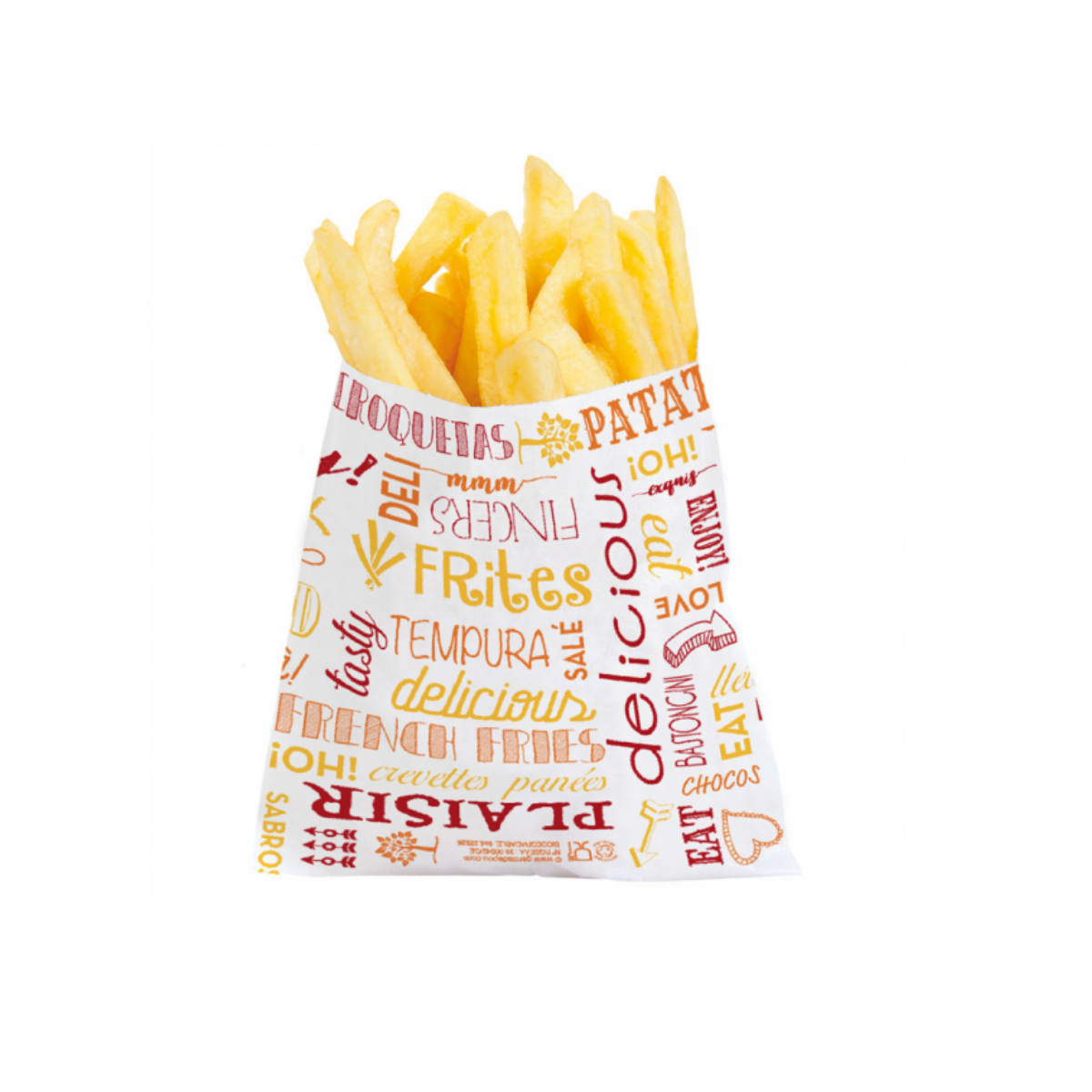 Busta per porzione di patatine fritte, di carta, fantasia parole, mostrata piena 