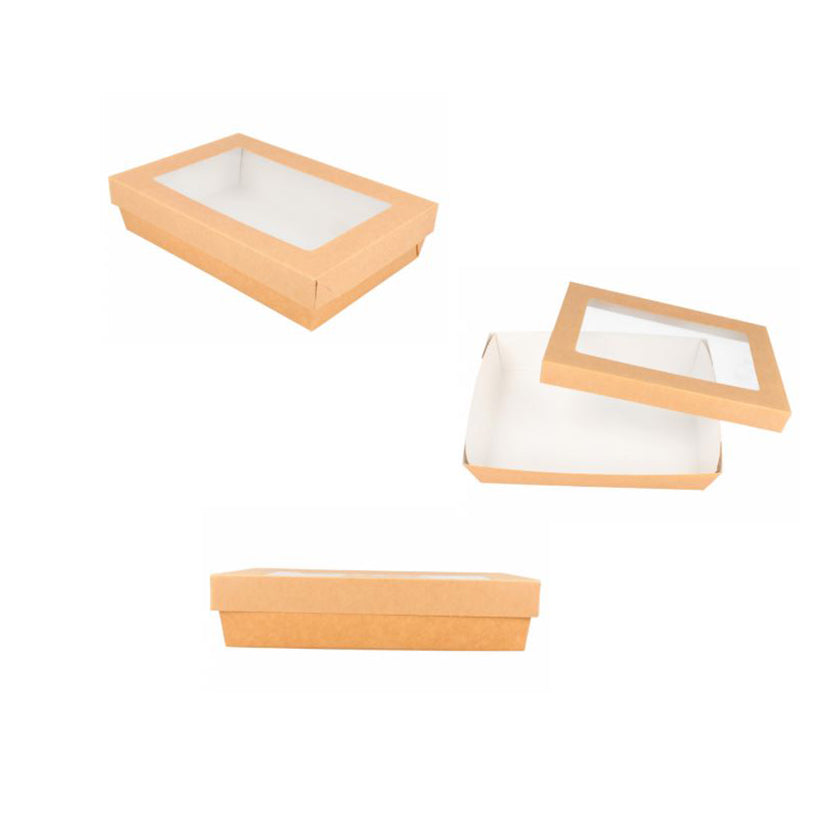 Scatoletta quadrata con coperchio con finestra, di cartone color avana per asporto mostrata da tre diverse prospettive 