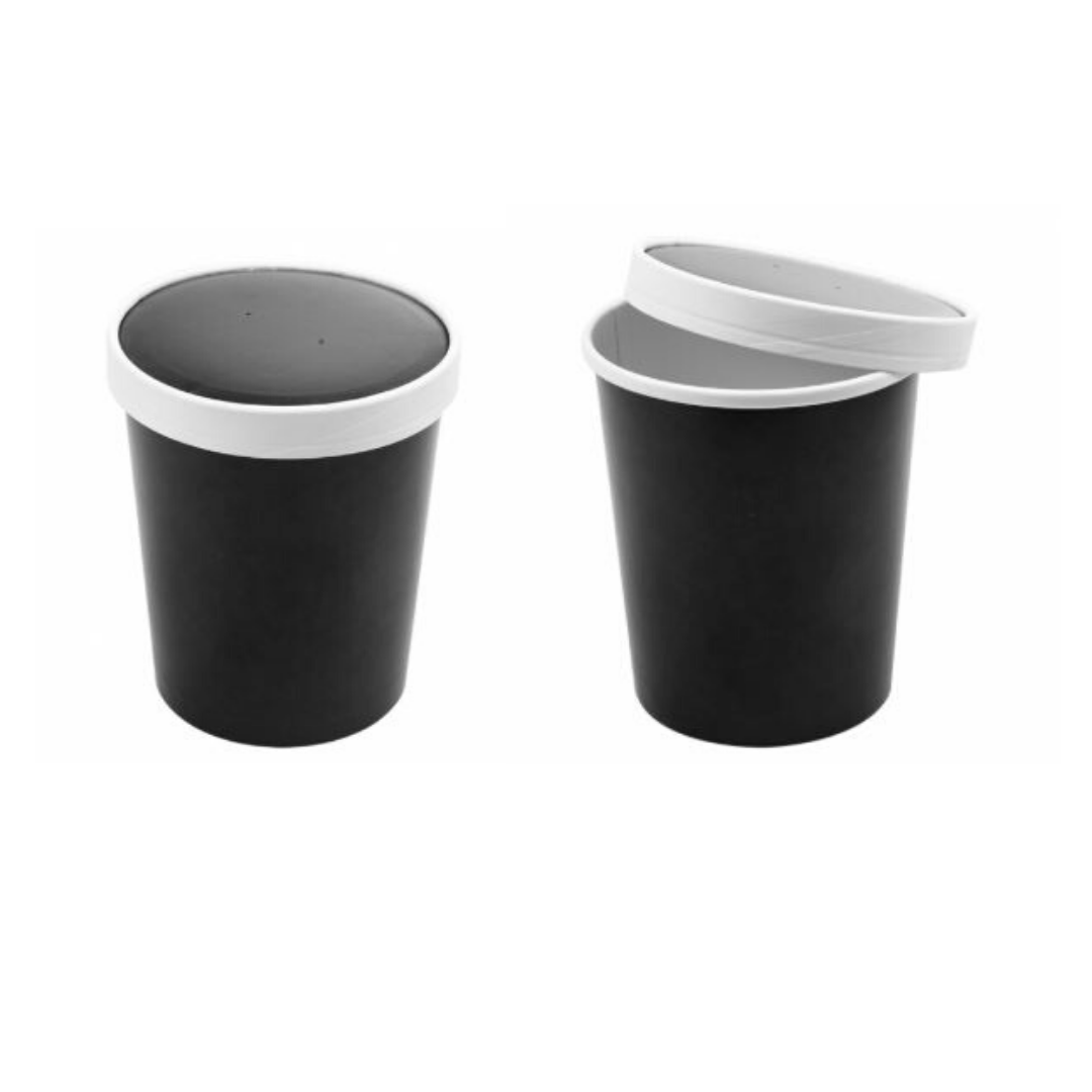 Contenitori i carta, neri, con coperchio, uno aperto ed uno socchiuso