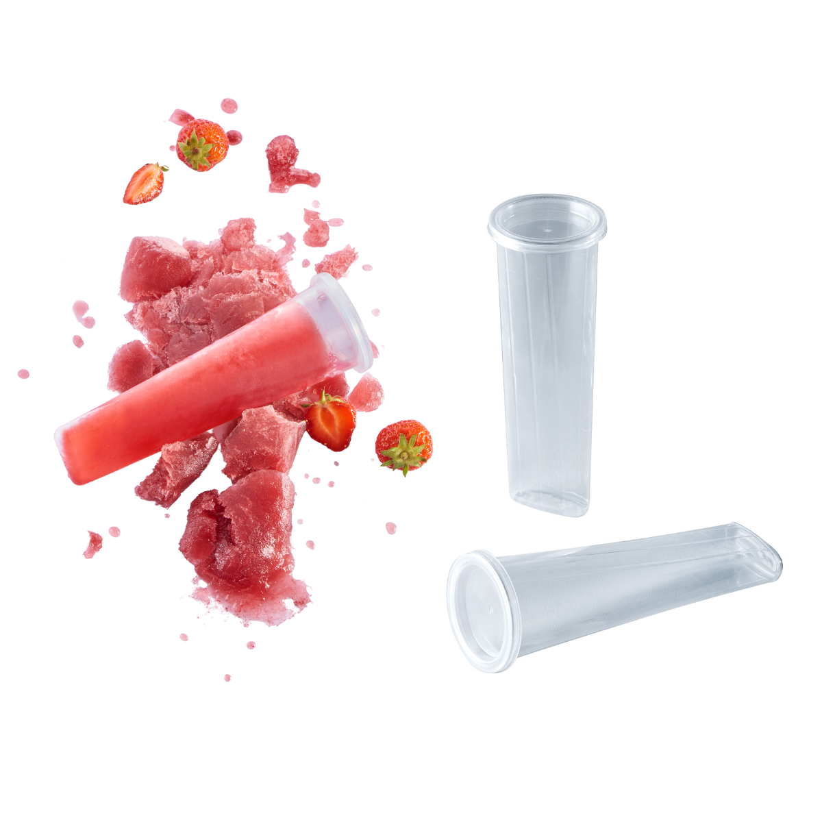 Stampo in silicone per calippo, mostrato vuoto e pieno  tra fragole e gelato 