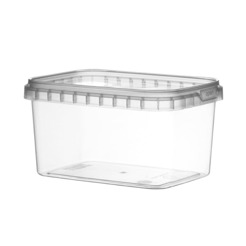 Vaschetta rettangolare di plastica liscia trasparente, vuota, con coperchio