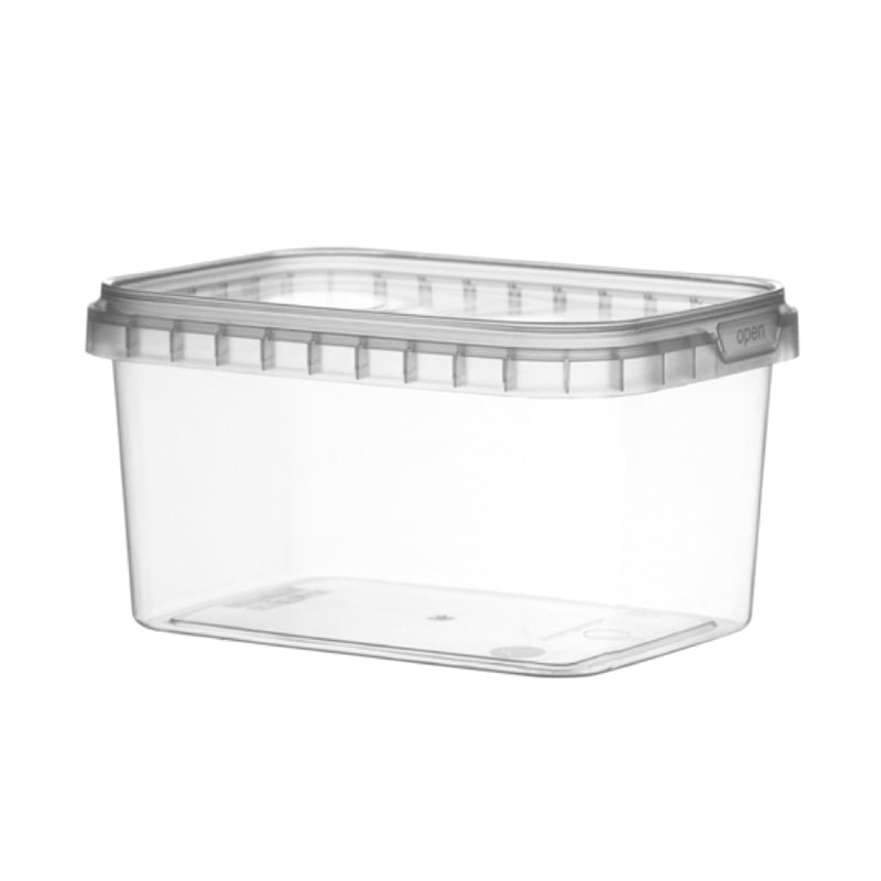Vaschetta rettangolare di plastica liscia trasparente, vuota, con coperchio
