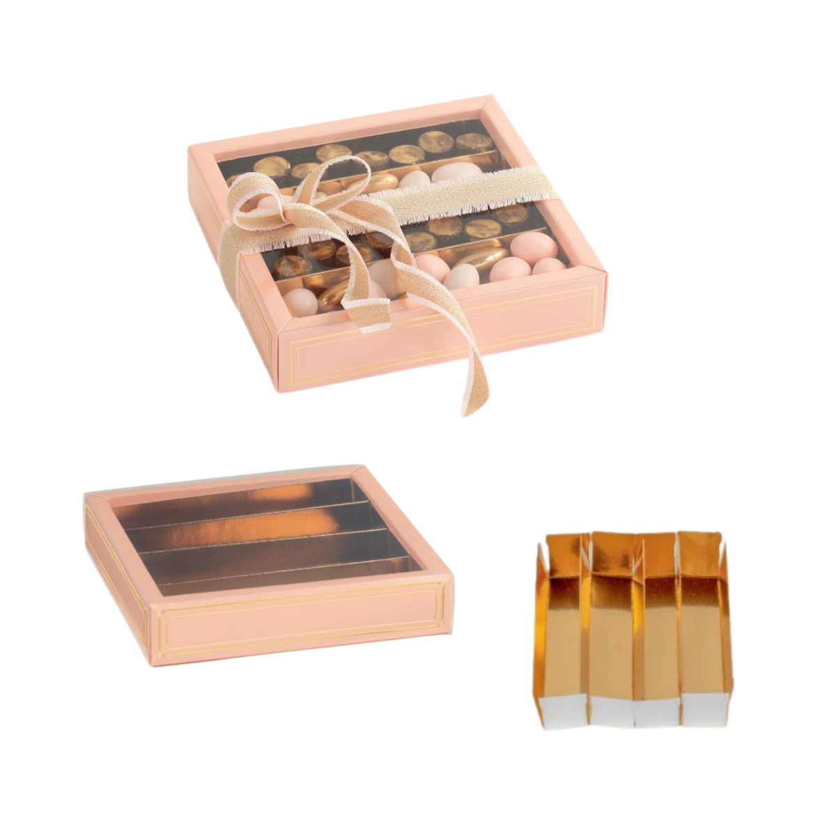 Scatola rosa con fnestra e divisori dorati, mostrata vuota, mostrati idivisori e piena di cioccolatini e confetti 