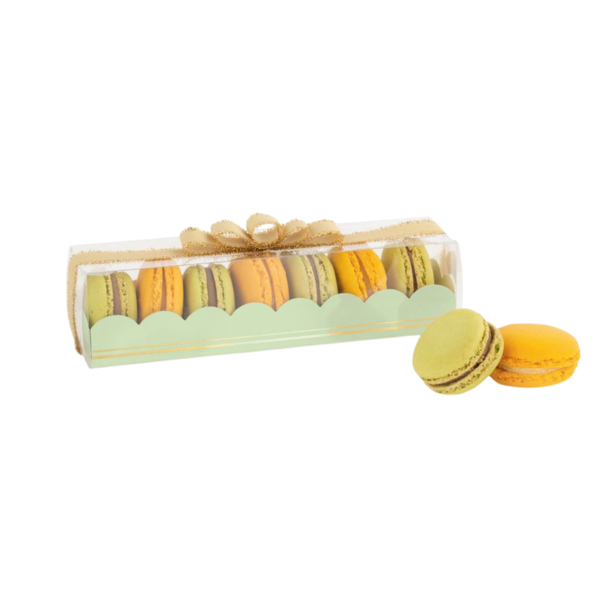 Scatola porta macarons, piena e due macarons fuori 