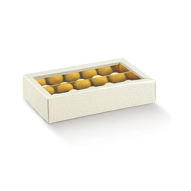 Scatola bianca con finestra, interno in oro, divisori, con cioccolatini dentro