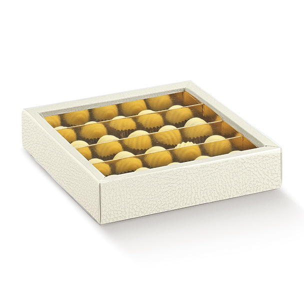Scatola bianca con finestra, interno in oro, divisori, con cioccolatini dentro